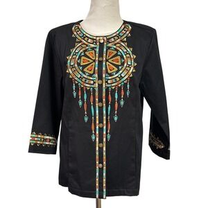 Bob Mackie Wearable Art Womens Small Black Southwestern Embroidered Jacket S